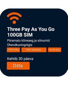 Tellige 100GB Three Mobile UK PayG Kõne- ja Data-SIM-i Pakett | Piiramatu Kõneaeg ja Sõnumid