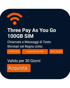 Ordina il Pacchetto SIM Voce e Dati Three Mobile UK PayG 100GB | Chiamate e SMS Illimitati