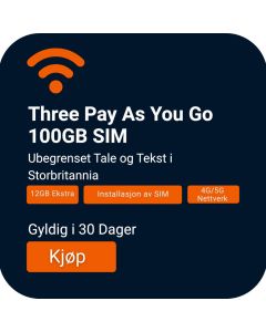 Bestill 100GB Three Mobile UK PayG Tale- & Data-SIM-pakke | Ubegrenset Tale og Tekst