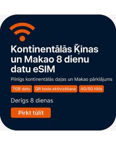 Kontinentālās Ķīnas un Makao 8 dienu datu eSIM