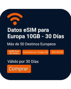 eSIM Europa Fin de Semana Viajeros 10GB (Solo Datos) Válida por 30 Días