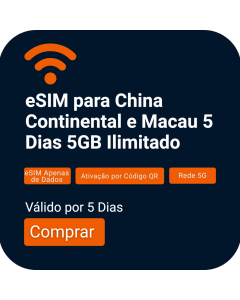 eSIM De Dados Ilimitado Para China Continental E Macau De 5 Dias Com 5GB De Dados De Alta Velocidade