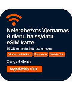 Neierobežota Vjetnamas 8 dienu balss/datu eSIM (15 GB neierobežots + 20 minūtes)