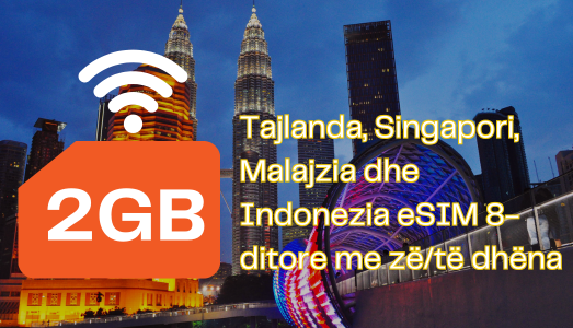 Tajlanda, Singapori, Malajzia dhe Indonezia eSIM 8-ditore me z&euml;/t&euml; dh&euml;na (2 GB pa limit n&euml; dit&euml; + 20 minuta)